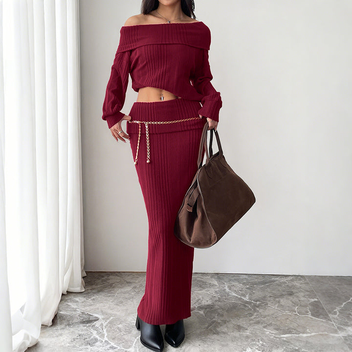 Damen Schulterfreies Rippstrick-Set mit Off-Shoulder-Oberteil und figurbetontem Maxirock Drune