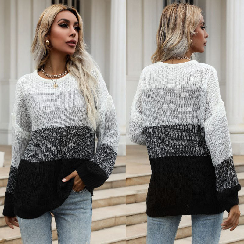 Damen Oversize-Colorblock-Strickpullover mit geradem Saum und Ballonärmeln Drune
