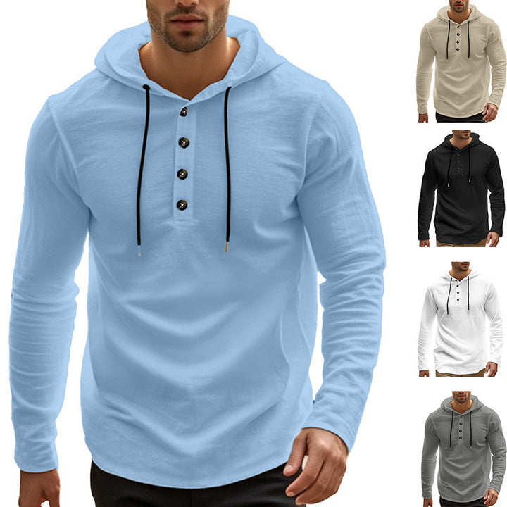 Herren nan lässiger Kapuzenpullover im Henley‑Stil mit Knopfleiste und verstellbarem Kordelzug Drune
