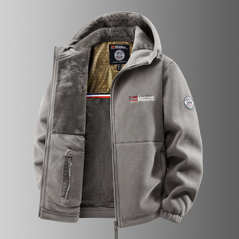 Herren Kuschelige Fleece‑Kapuzenjacke mit Teddyfutter, windabweisend und Reißverschlusstaschen Drune