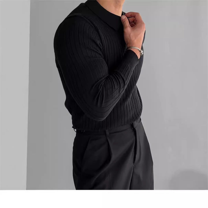 Herren nan figurbetontes Rippstrick-Polopullover mit offenem V-Ausschnitt und schmaler Passform Drune
