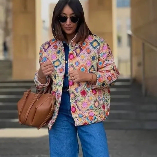 Damen gestepptes Overshirt mit buntem Muster und praktischen Taschen Drune