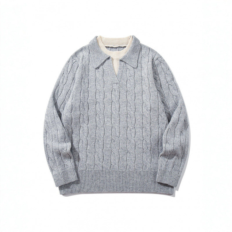 Herren Grobgestrickter Zopfmuster-Pullover mit Polokragen und V‑Ausschnitt Drune