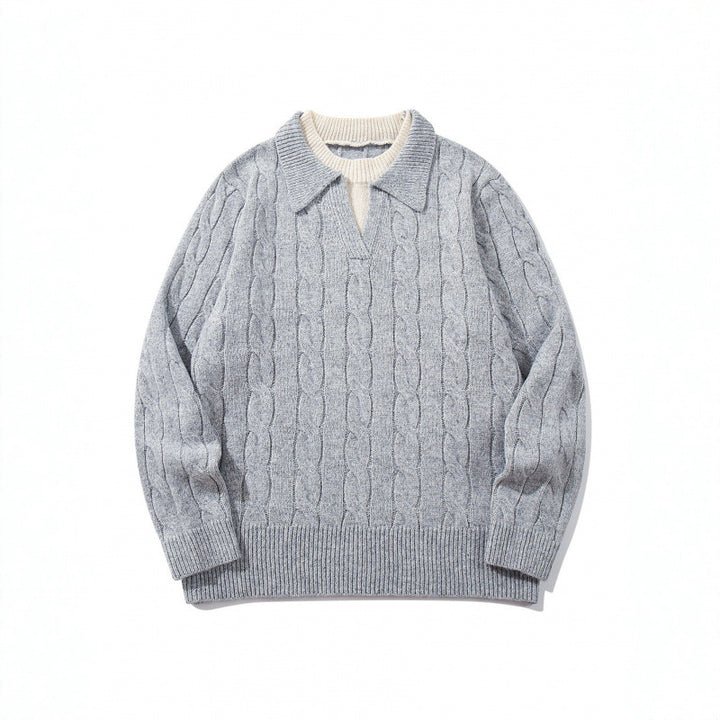 Herren Grobgestrickter Zopfmuster-Pullover mit Polokragen und V‑Ausschnitt Drune