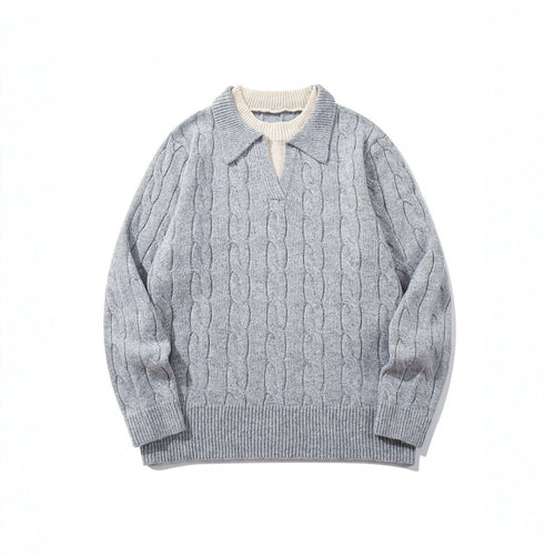 Herren Grobgestrickter Zopfmuster-Pullover mit Polokragen und V‑Ausschnitt Drune