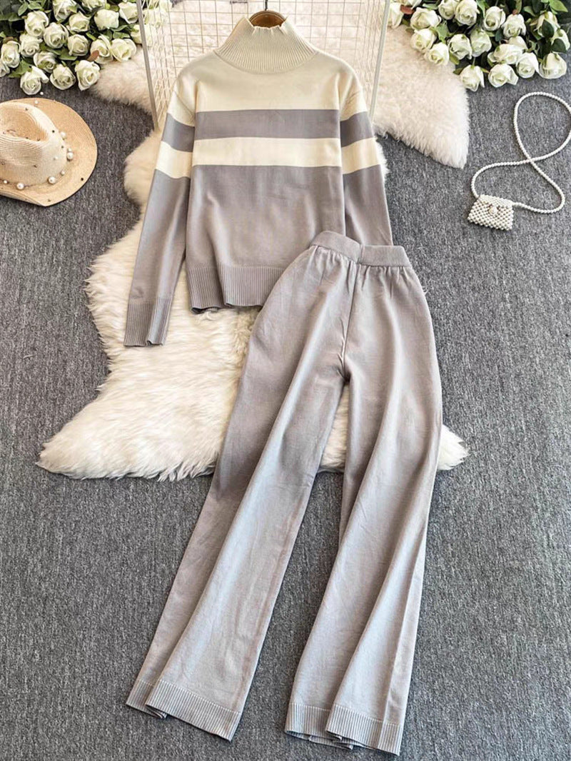 Damen modisches Strick-Loungewear-Set mit hohem Kragen und breiten Streifen Drune