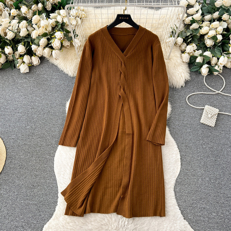 Damen elegantes Strickanzug mit V-Ausschnitt und weitem Bein Drune