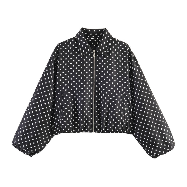 Damen Kurzjacke im Harrington‑Stil mit Polka‑Dot‑Muster, Ballonärmeln und elastischem Saum Drune