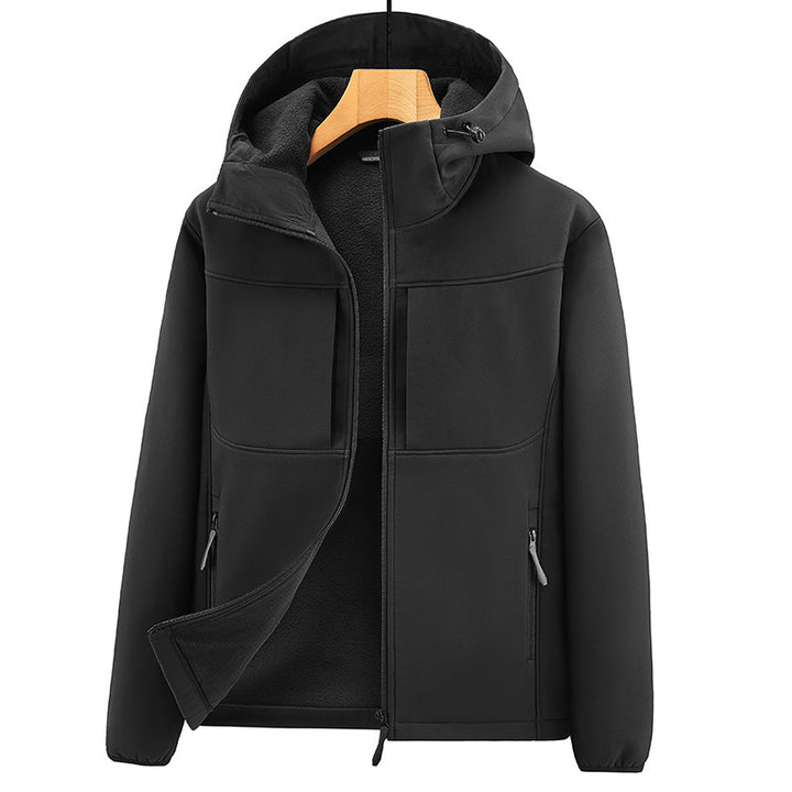 Herren Thermo-Softshelljacke mit Sherpa‑Futter, Kapuze und verdeckten Reißverschlusstaschen Drune