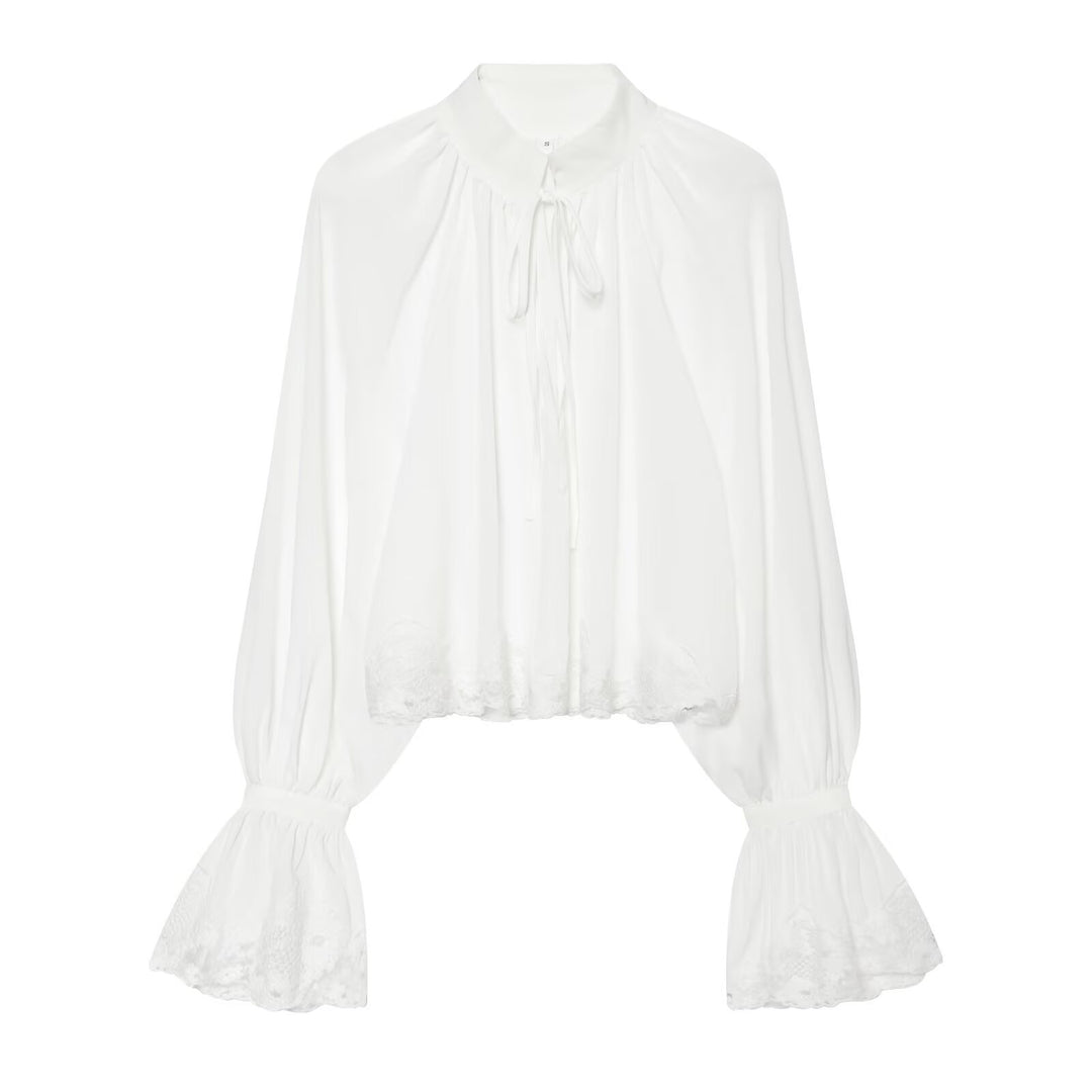 Damen Transparente Bluse mit Stehkragen, Volantenärmeln und Spitzenborte Drune