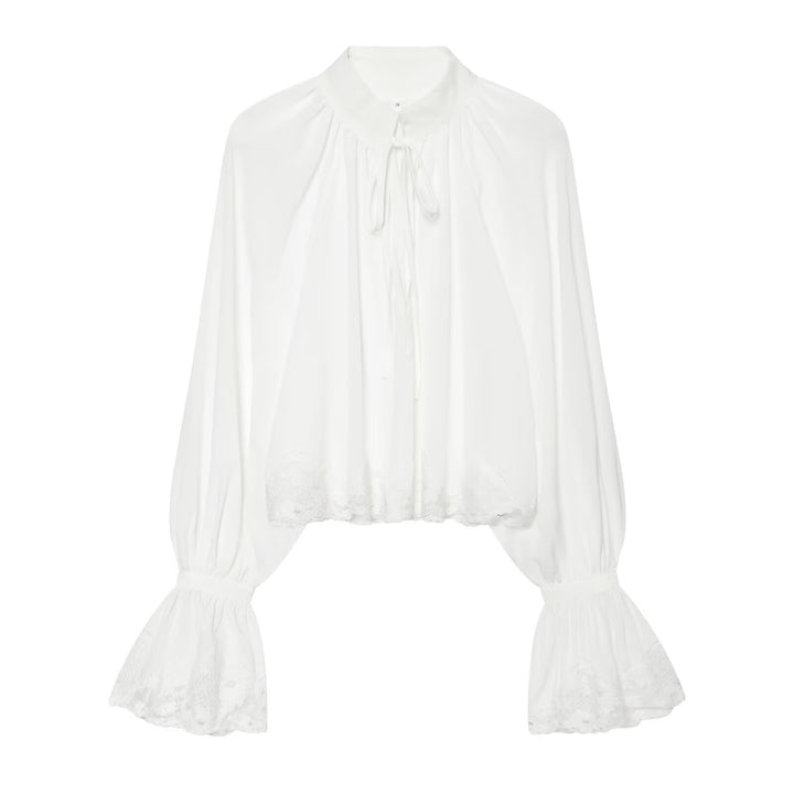Damen Transparente Bluse mit Stehkragen, Volantenärmeln und Spitzenborte Drune