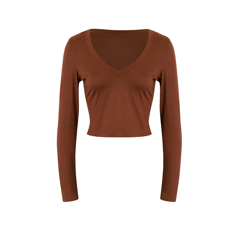Damen cropped Langarmshirt mit V-Ausschnitt und elastischem Material Drune