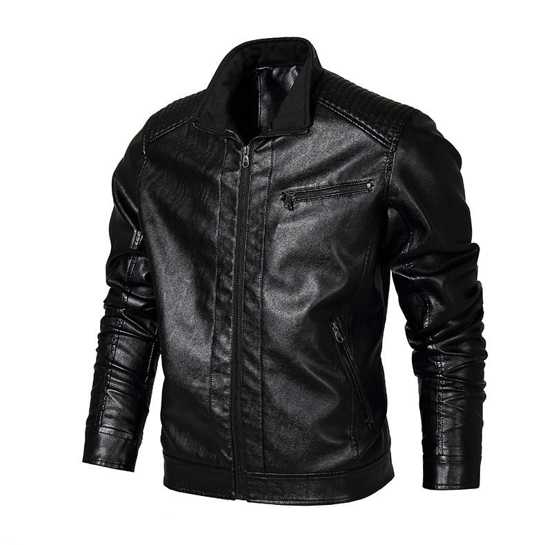 Herren Slim-Fit Motorradblouson aus Lederimitat mit Stehkragen und Reißverschlusstaschen Drune