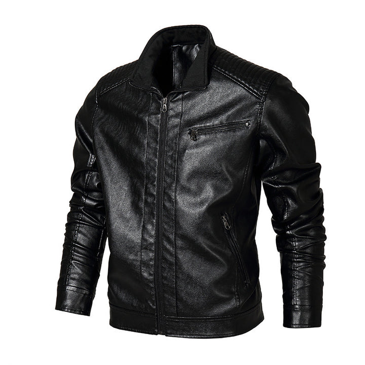 Herren Slim-Fit Motorradblouson aus Lederimitat mit Stehkragen und Reißverschlusstaschen Drune