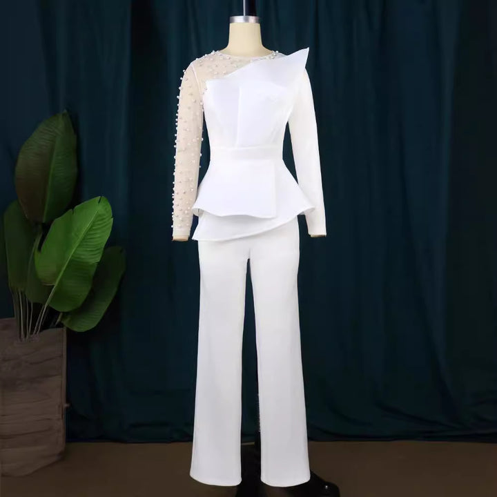 Damen eleganter Jumpsuit mit asymmetrischem Oberteil und raffiniertem Rüschendesign Drune