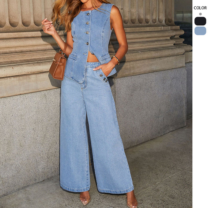 Damen nan weit geschnittene Highwaist Denimhose mit seitlicher Knopfleiste und weitem Bein Drune