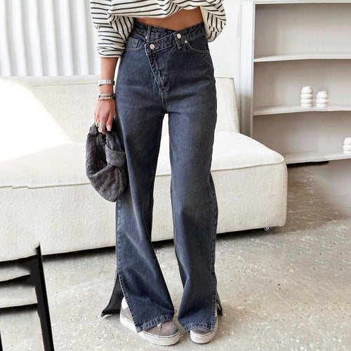 Damen High-Waist Jeans mit weitem Schnitt und seitlichen Schlitzen Drune