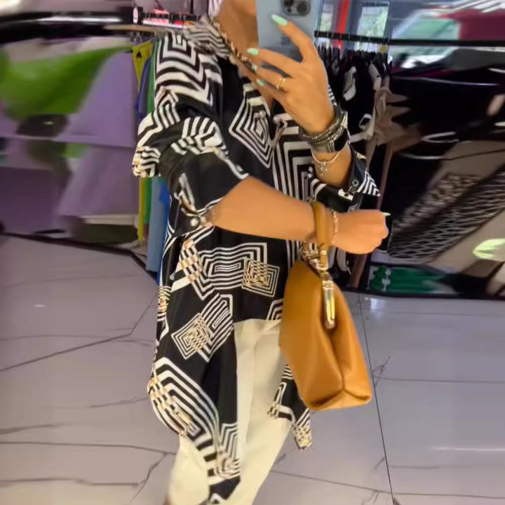 Damen nan weite Seidenoptik-Hemdbluse mit grafischem Quadratprint, asymmetrischem Zipfelsaum und Perlmuttknopfleiste Drune