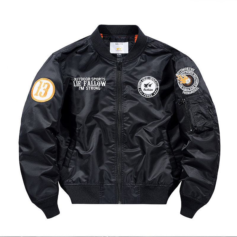 Herren Nylon Piloten-Bomberjacke mit Emblem‑Patches, Ärmel‑Utilitytasche und Rippbündchen Drune