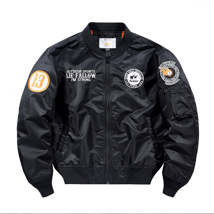 Herren Nylon Piloten-Bomberjacke mit Emblem‑Patches, Ärmel‑Utilitytasche und Rippbündchen Drune