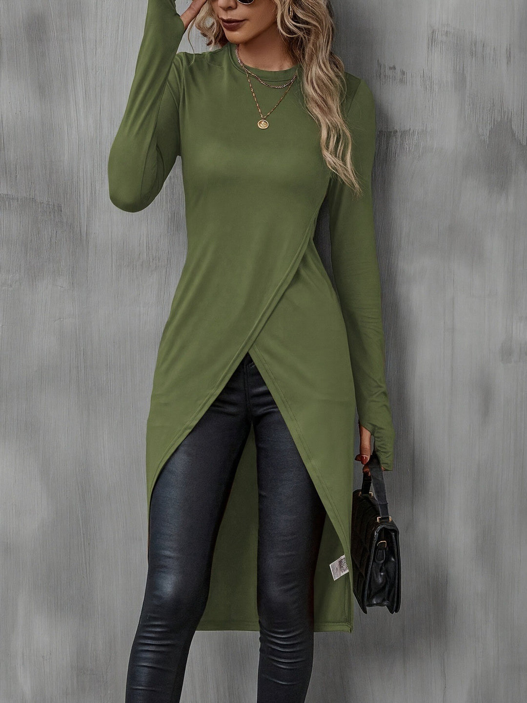 Damen asymmetrisches Longshirt mit eleganter Wickeloptik Drune