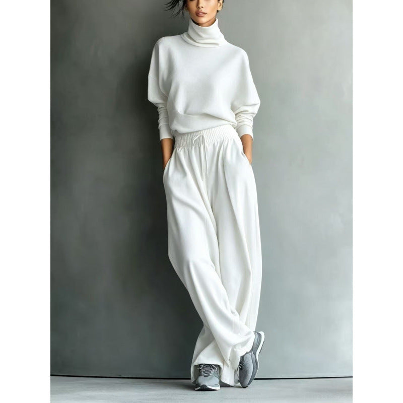 Damen Strick-Loungewear-Set mit Rollkragen und weiten Palazzo-Hosen Drune