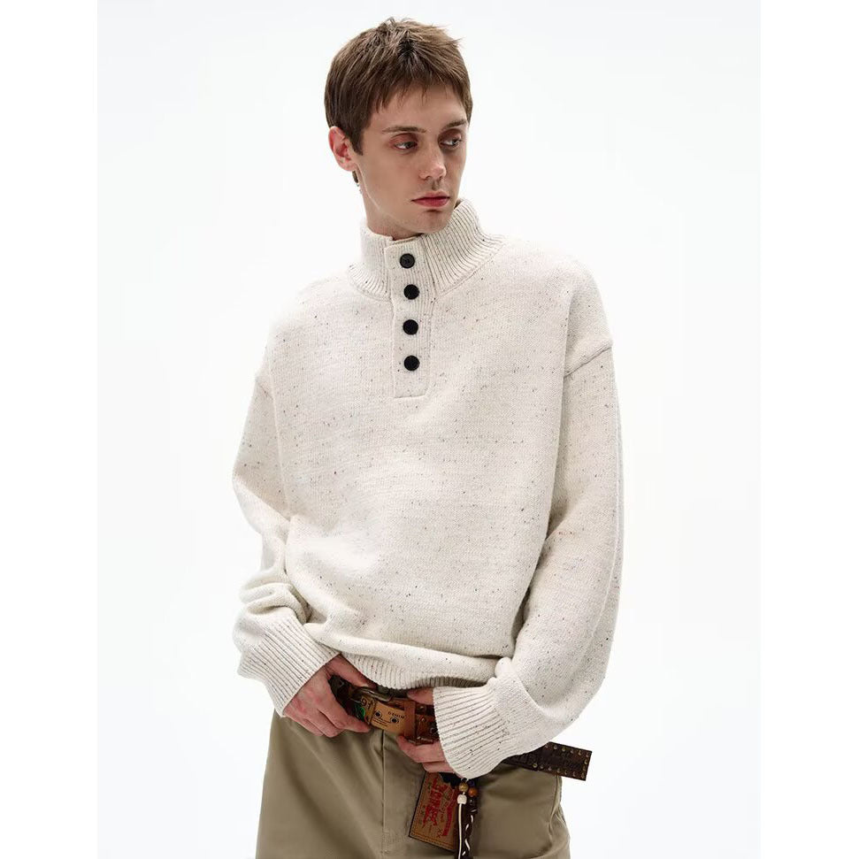 Herren Grobstrick Pullover mit Stehkragen und Knopfdetail Drune