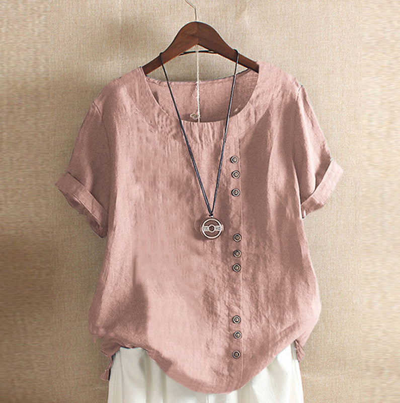 Damen lässige Leinenbluse mit umschlagbaren Ärmeln und Knopfdetails Drune