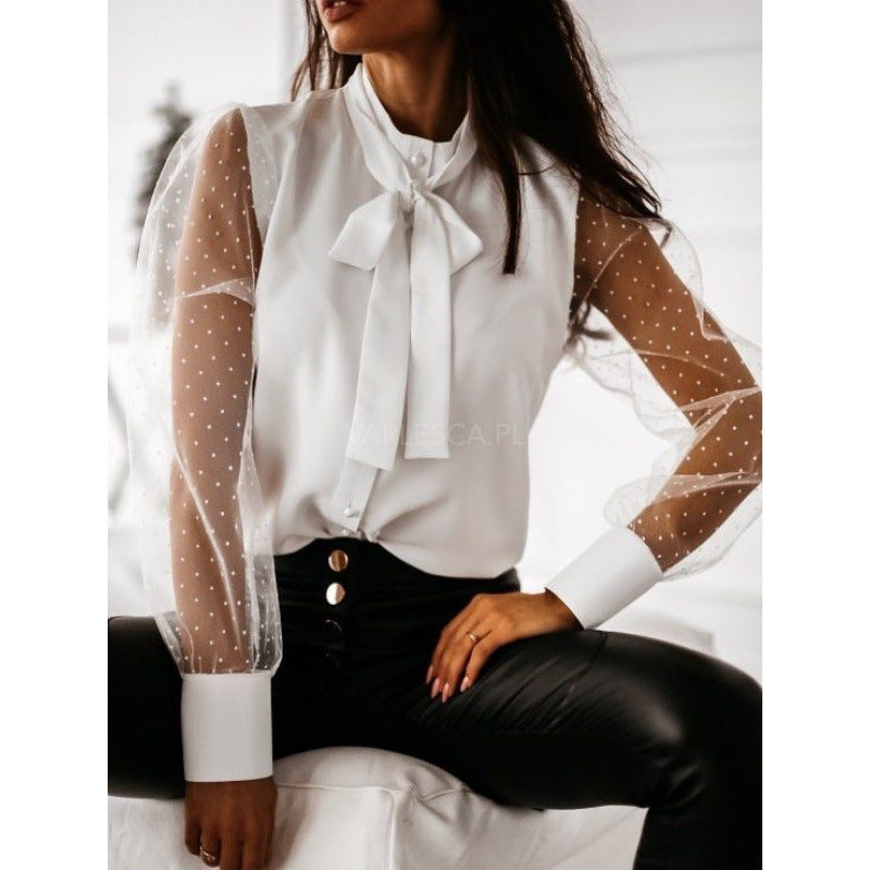 Damen Bluse mit transparenten Puffärmeln und filigranem Schleifen-Detail Drune