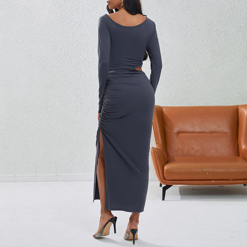 Damen eng anliegendes Maxikleid mit langem Arm seitlichem Cut-Out geraffter Hüfte und hohem Beinschlitz Drune