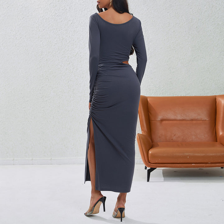 Damen eng anliegendes Maxikleid mit langem Arm seitlichem Cut-Out geraffter Hüfte und hohem Beinschlitz Drune