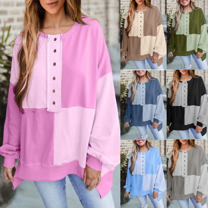 Damen Oversize-Colorblock Sweatshirt mit Henley-Knopfleiste, Ballonärmeln und geripptem Saum Drune
