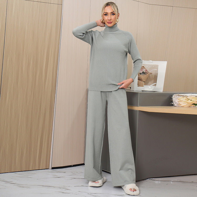 Damen elegantes Strick-Loungewear-Set mit hohem Kragen und weitem Schnitt Drune