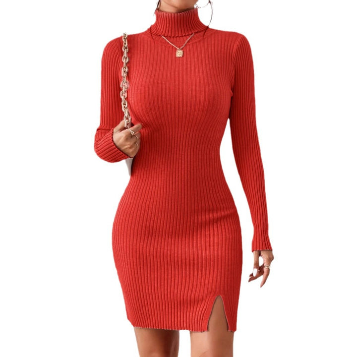 Damen elegantes Rippstrickkleid mit Stehkragen und seitlichem Schlitz Drune