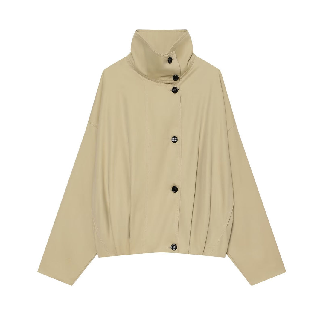 Damen Weites Cropped Cape‑Blouson mit hohem Stehkragen und Knopfleiste Drune
