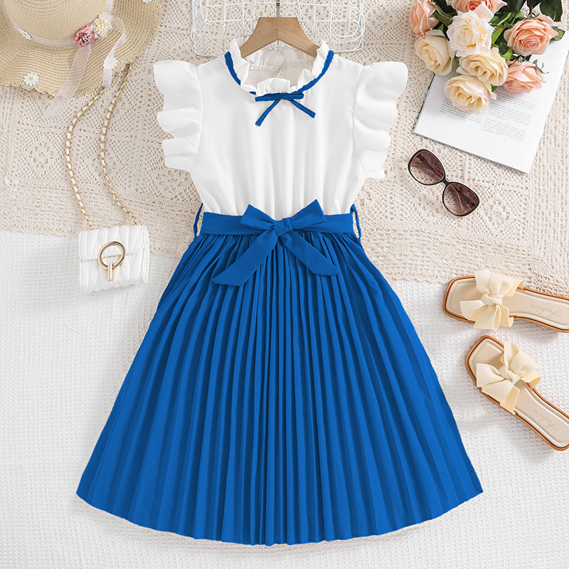 Mädchen Faltenrockkleid mit Puffärmeln und Taillenknoten Drune