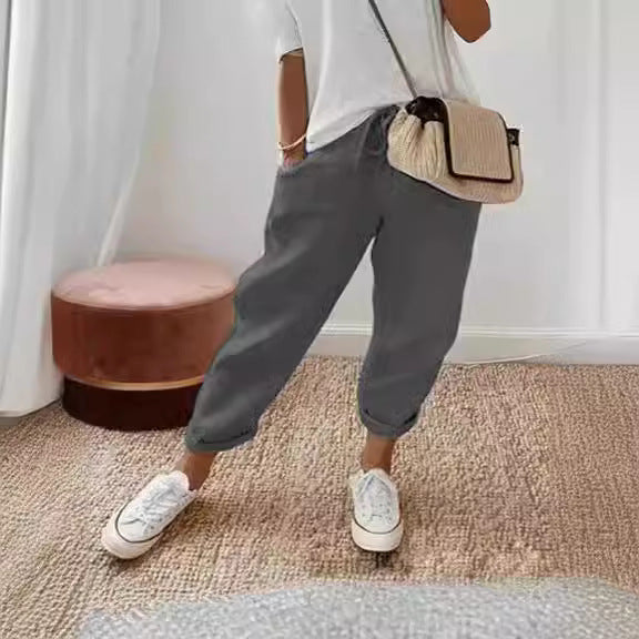 Damen lässige Leinenhose mit körpernaher Passform und praktischen Taschen Drune