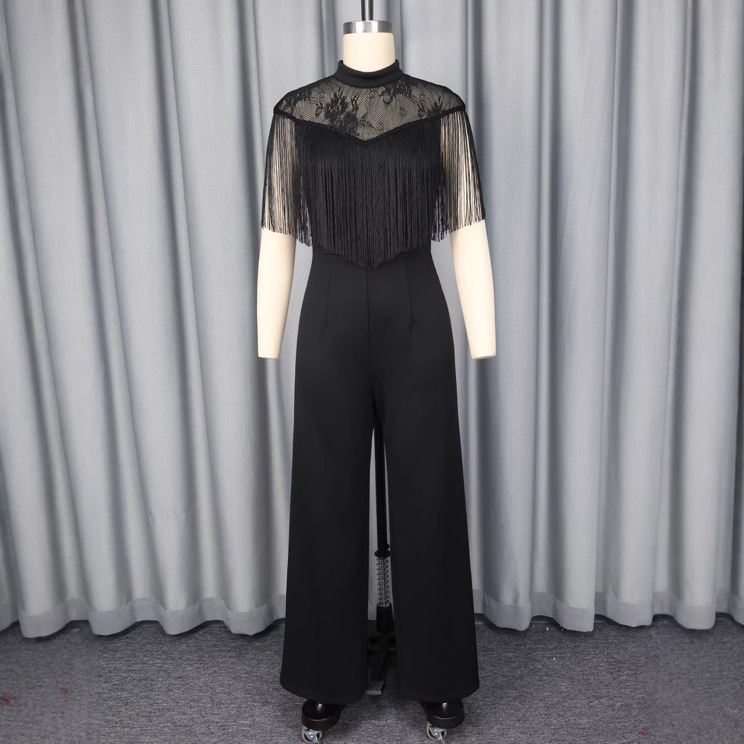 Damen Eleganter Jumpsuit mit schickem Fransen und Spitzenakzenten Drune