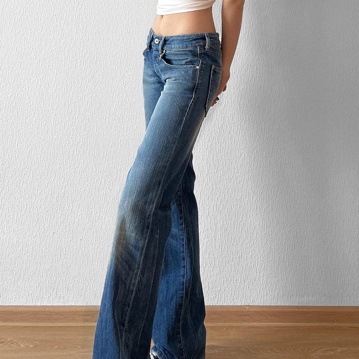 Damen hochtaillierte Schlagjeans mit dezenter Used-Waschung und ausgestelltem Bein Drune