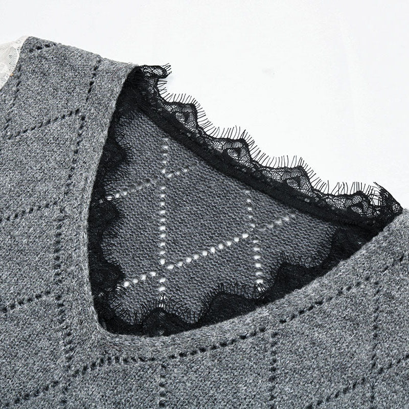 Damen Lässiger Feinstrickpullover mit Ajour‑Rautenmuster, transparenten Spitzenärmeln und gerippten Bündchen Drune