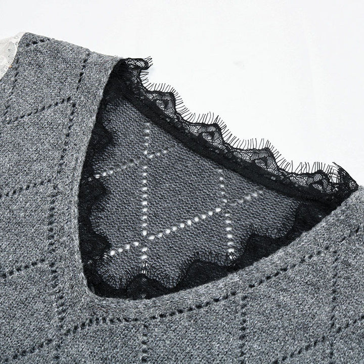 Damen Lässiger Feinstrickpullover mit Ajour‑Rautenmuster, transparenten Spitzenärmeln und gerippten Bündchen Drune