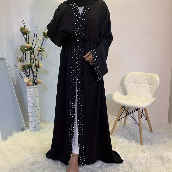 Damen elegante Abaya mit aufwendigen Strassdetails und Taillengürtel Drune