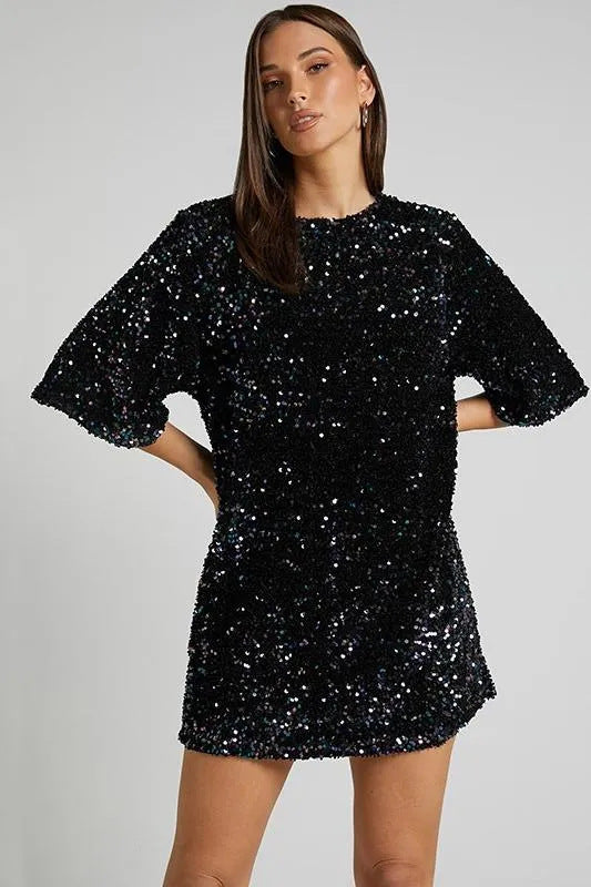Damen Funkelndes Pailletten-Kleid mit lockeren Ärmeln und Rundhalsausschnitt Drune