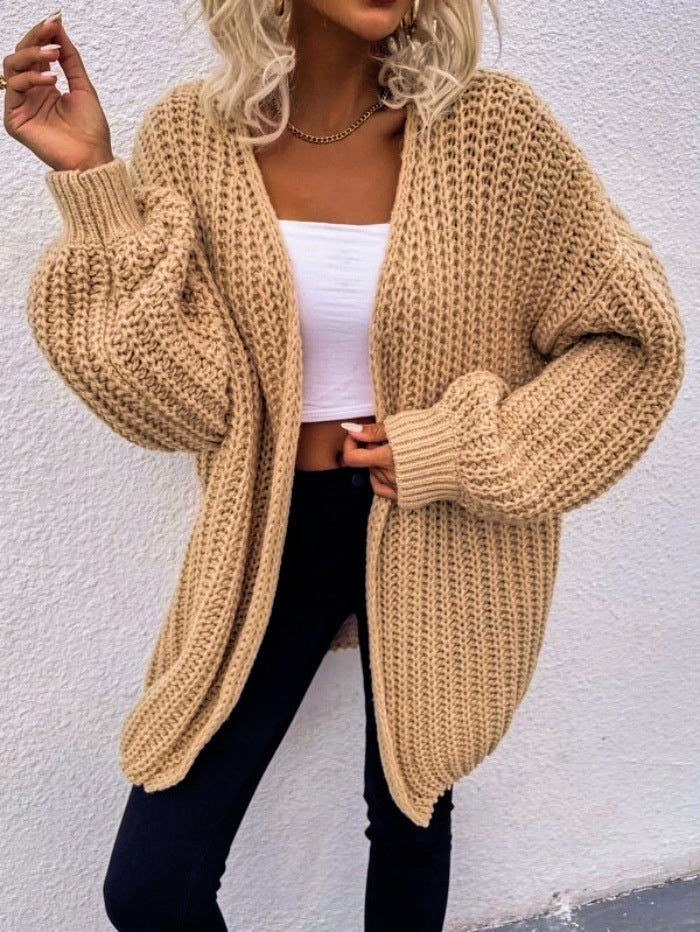 Damen lässiger Grobstrick-Cardigan mit tiefen Taschen und voluminösen Ärmeln Drune