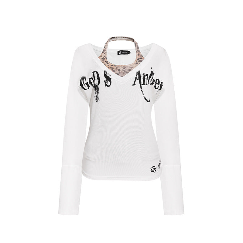 Damen Lagen-Langarmshirt mit integriertem Neckholder und Vintage-Grafik Drune