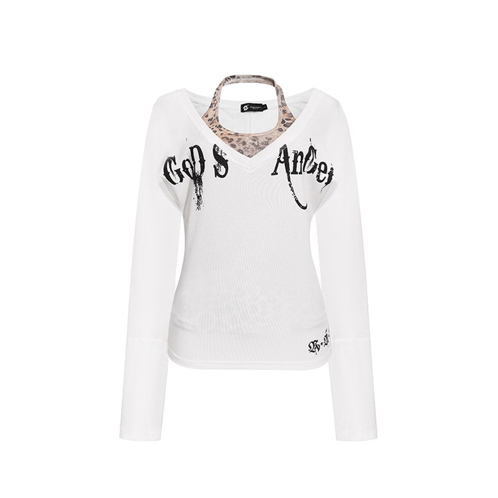 Damen Lagen-Langarmshirt mit integriertem Neckholder und Vintage-Grafik Drune