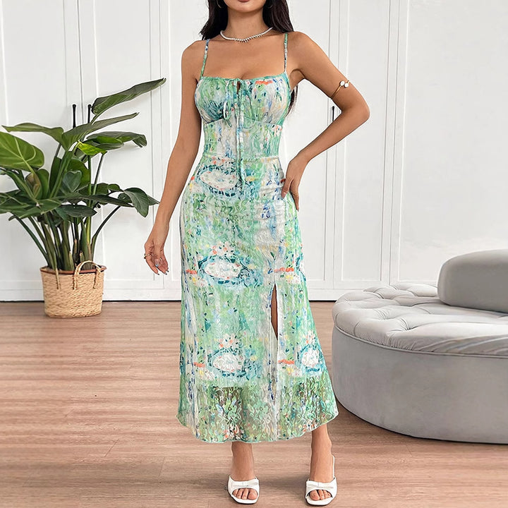 Damen Maxikleid mit zartem floralem Muster und verstellbaren Spaghettiträgern Drune