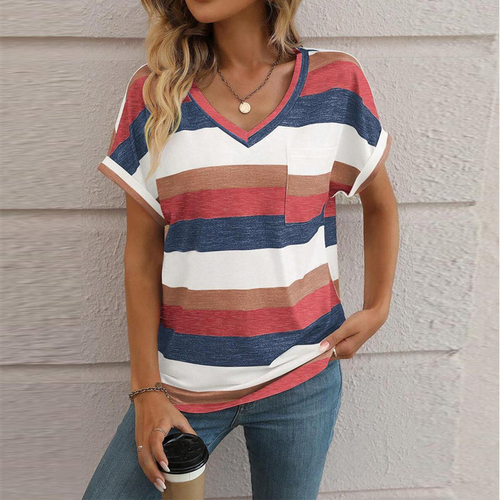 Damen V-Ausschnitt Kurzarmshirt mit Streifenmuster Drune