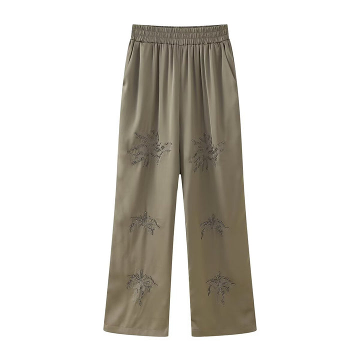 Damen Elegante Satinhose im Palazzo‑Schnitt mit elastischem Umschlagbund und floraler Zierstickerei Drune
