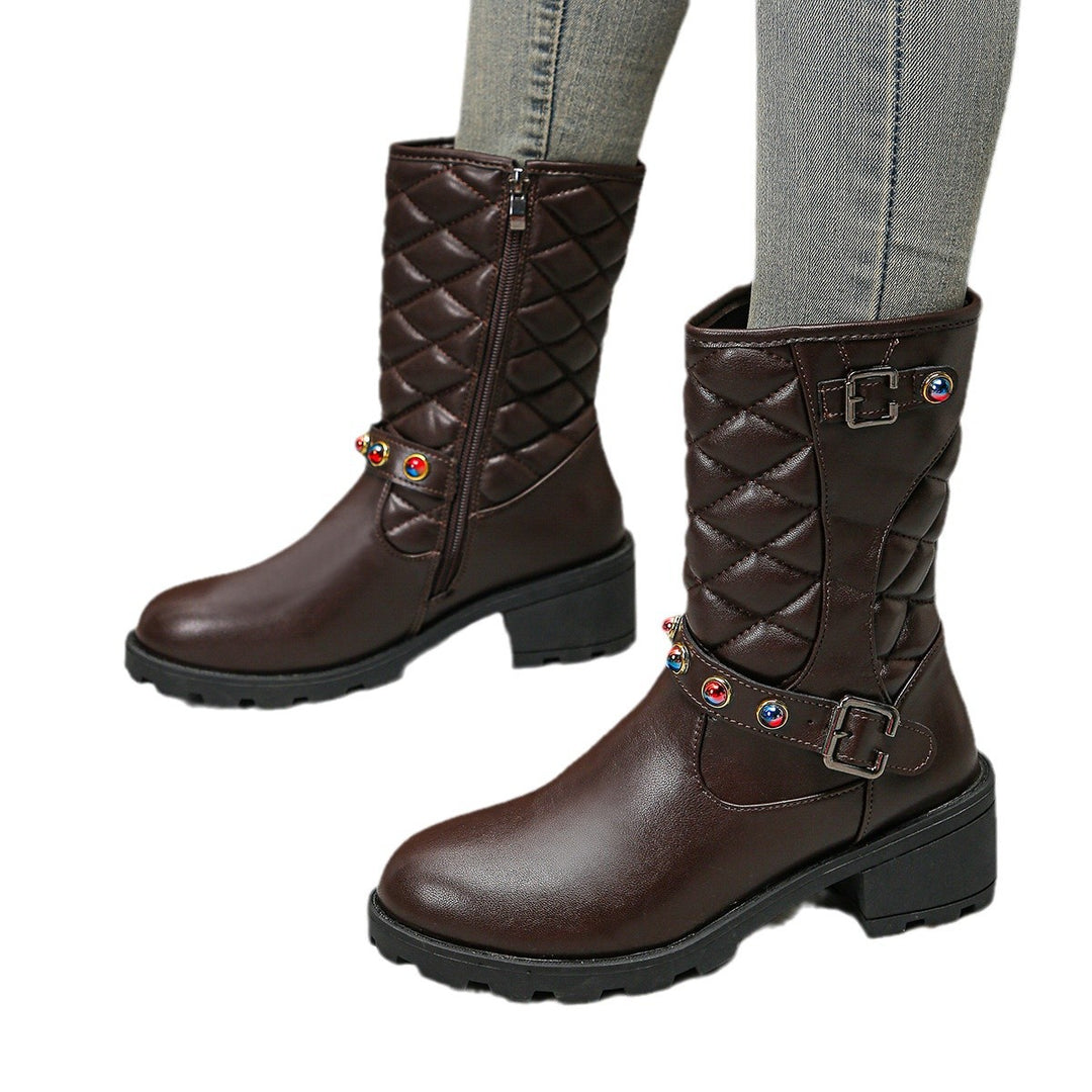Damen modische Stiefeletten mit dekorativen Schmuckdetails und robustem Profil Drune